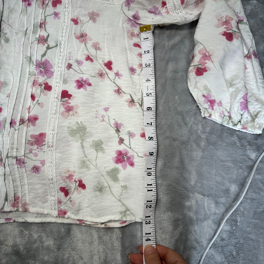 Hester & Orchard Floral Lace Trim Pintuck Button Front Blouse White Pink Medium - Picture 6 of 8
